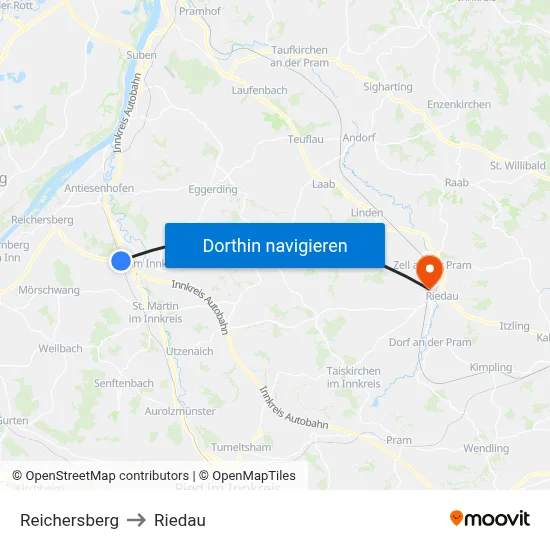 Reichersberg to Riedau map