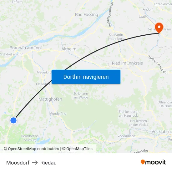 Moosdorf to Riedau map
