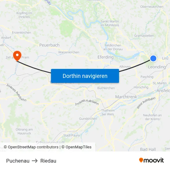 Puchenau to Riedau map