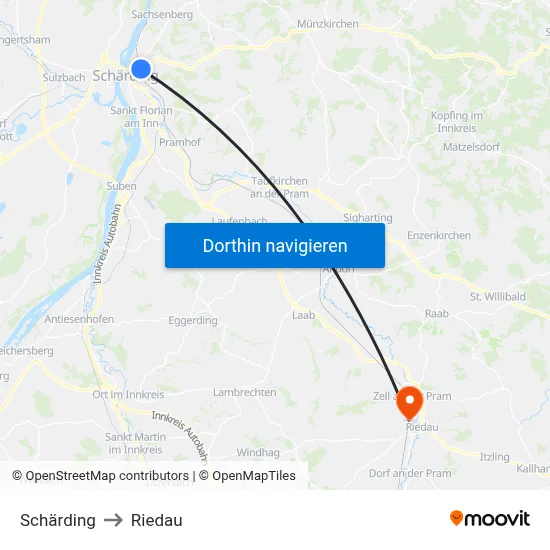 Schärding to Riedau map