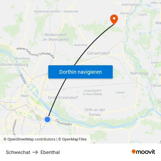 Schwechat to Ebenthal map