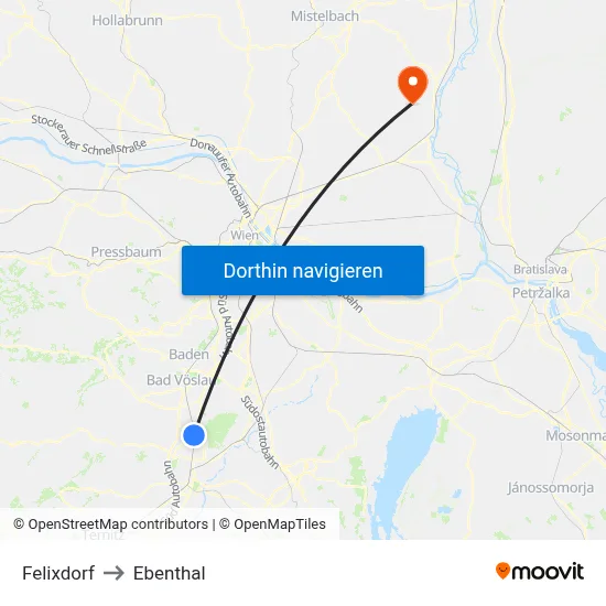 Felixdorf to Ebenthal map