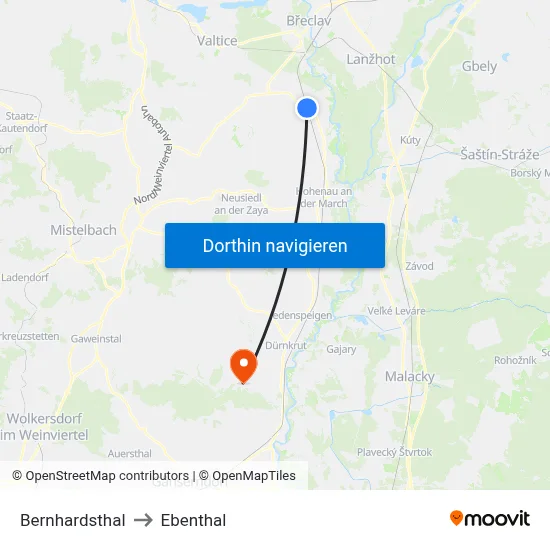Bernhardsthal to Ebenthal map
