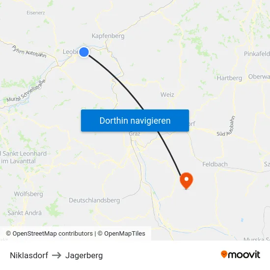 Niklasdorf to Jagerberg map