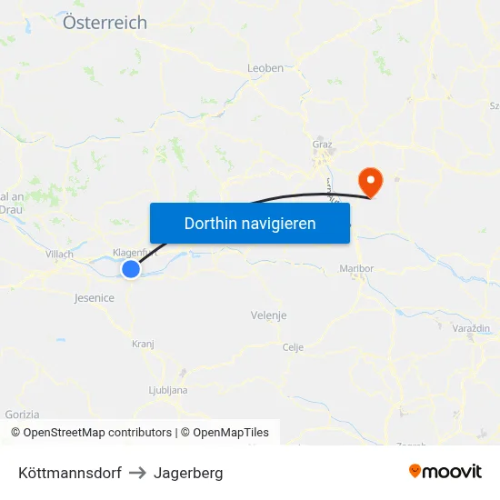 Köttmannsdorf to Jagerberg map