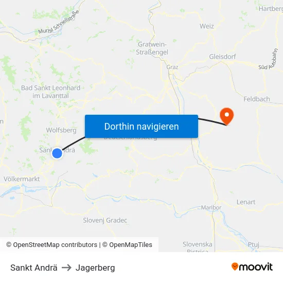 Sankt Andrä to Jagerberg map