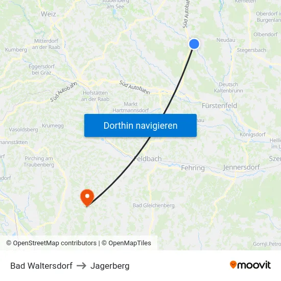 Bad Waltersdorf to Jagerberg map