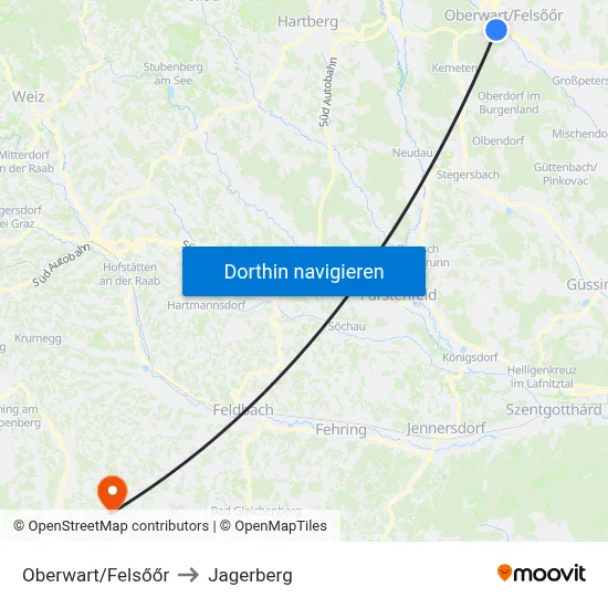 Oberwart/Felsőőr to Jagerberg map