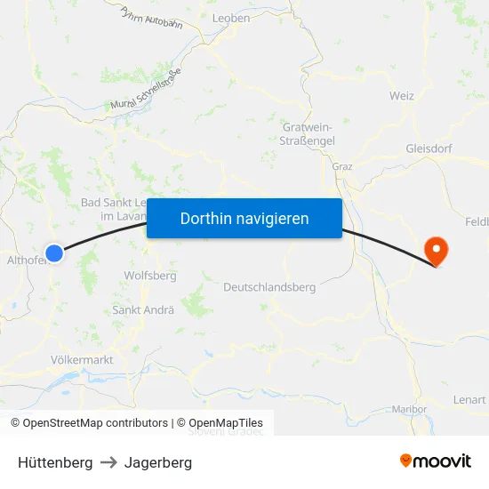 Hüttenberg to Jagerberg map