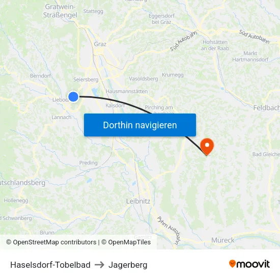 Haselsdorf-Tobelbad to Jagerberg map