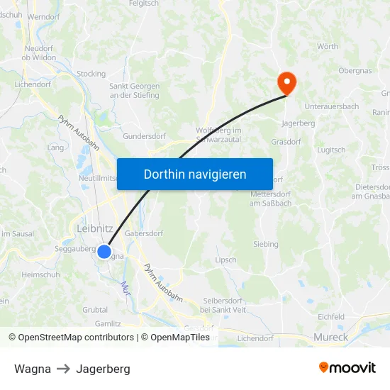 Wagna to Jagerberg map