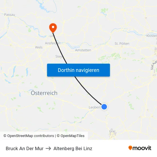 Bruck An Der Mur to Altenberg Bei Linz map