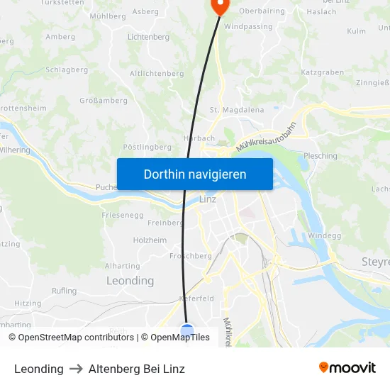 Leonding to Altenberg Bei Linz map