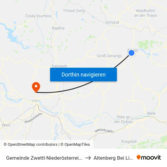 Gemeinde Zwettl-Niederösterreich to Altenberg Bei Linz map