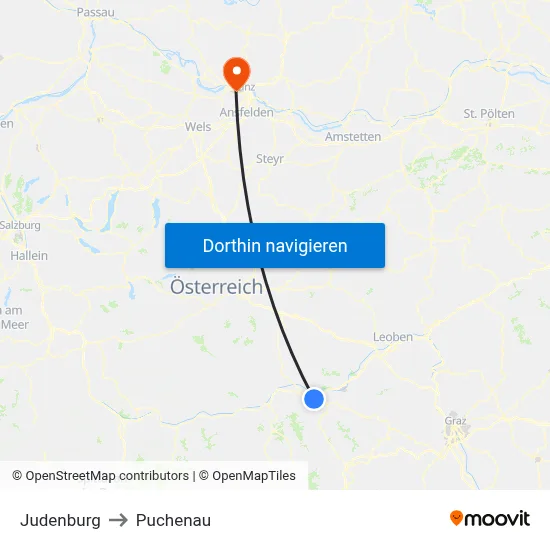 Judenburg to Puchenau map
