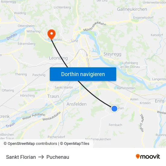 Sankt Florian to Puchenau map