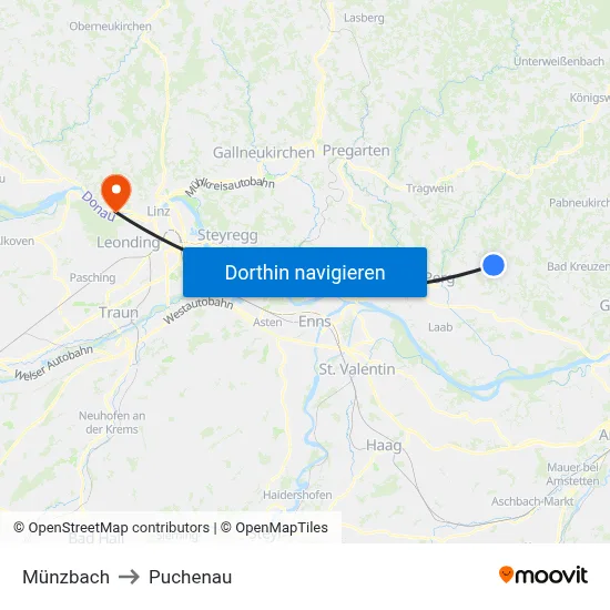 Münzbach to Puchenau map
