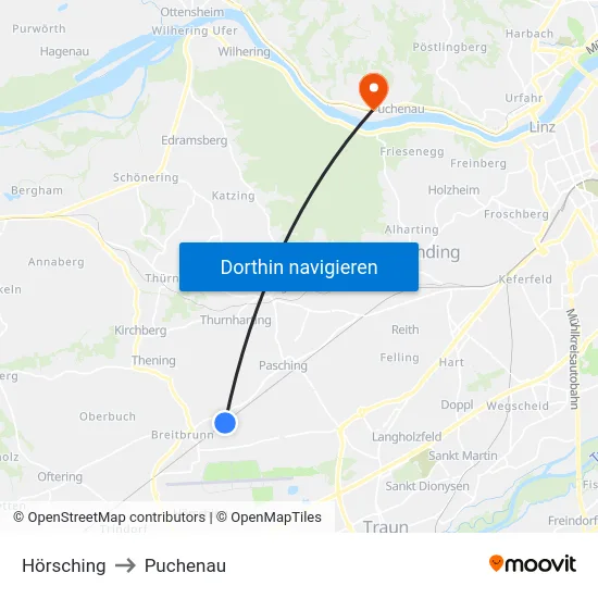 Hörsching to Puchenau map