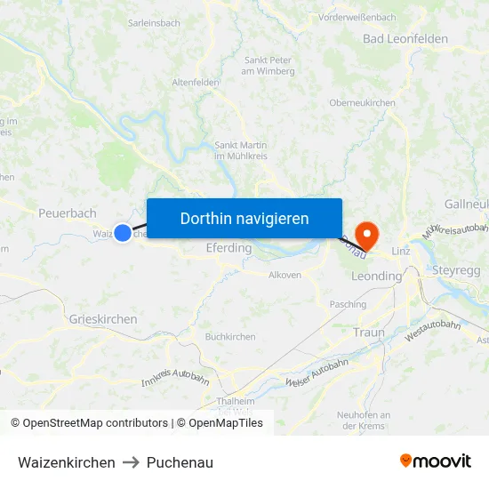 Waizenkirchen to Puchenau map