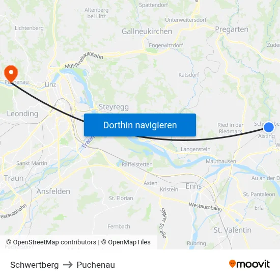 Schwertberg to Puchenau map