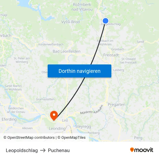Leopoldschlag to Puchenau map