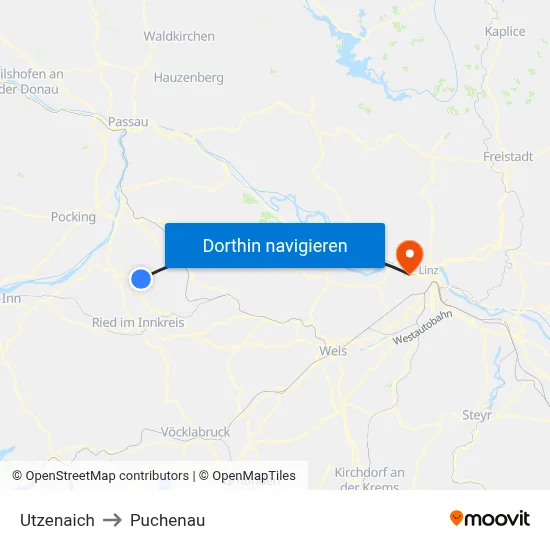 Utzenaich to Puchenau map