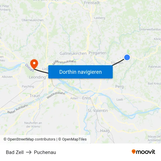 Bad Zell to Puchenau map