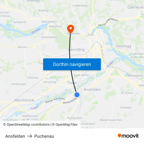Ansfelden to Puchenau map