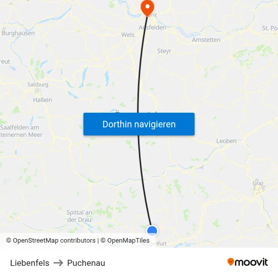 Liebenfels to Puchenau map