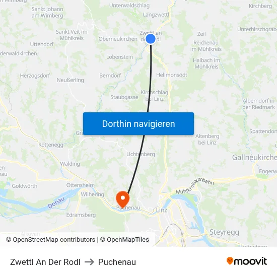 Zwettl An Der Rodl to Puchenau map