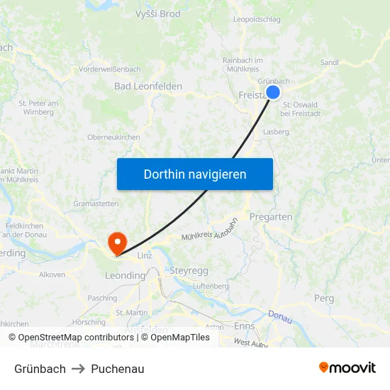 Grünbach to Puchenau map