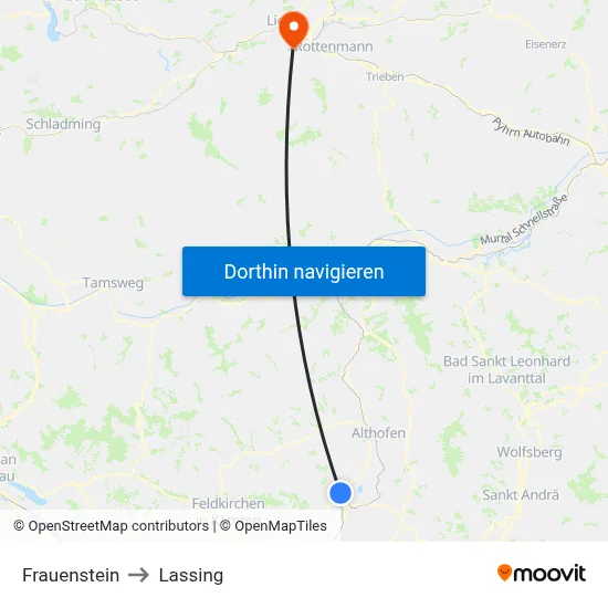 Frauenstein to Lassing map
