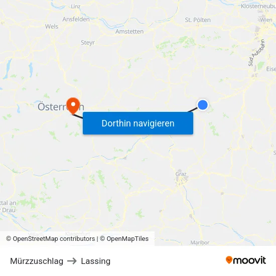 Mürzzuschlag to Lassing map