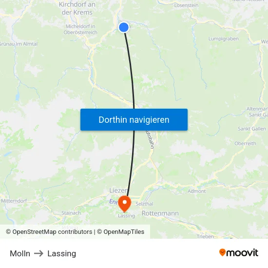 Molln to Lassing map
