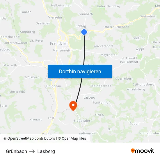 Grünbach to Lasberg map