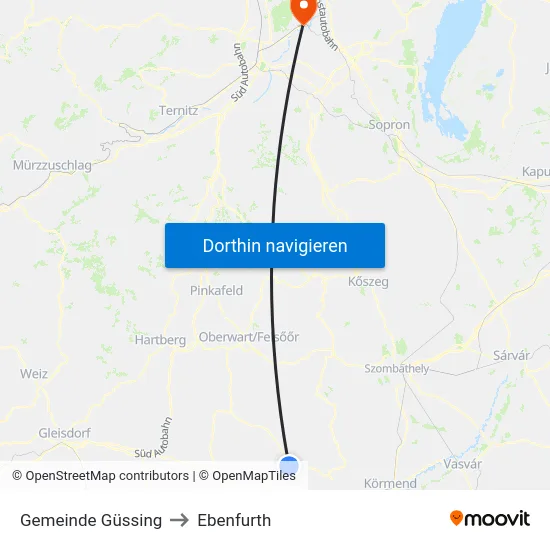 Gemeinde Güssing to Ebenfurth map