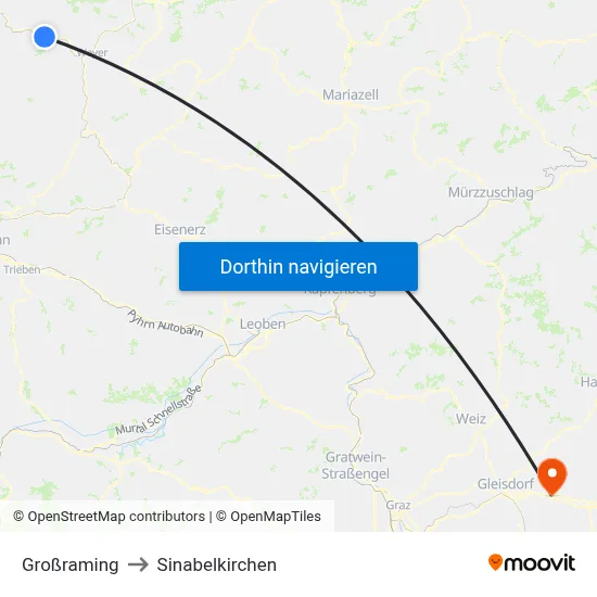 Großraming to Sinabelkirchen map