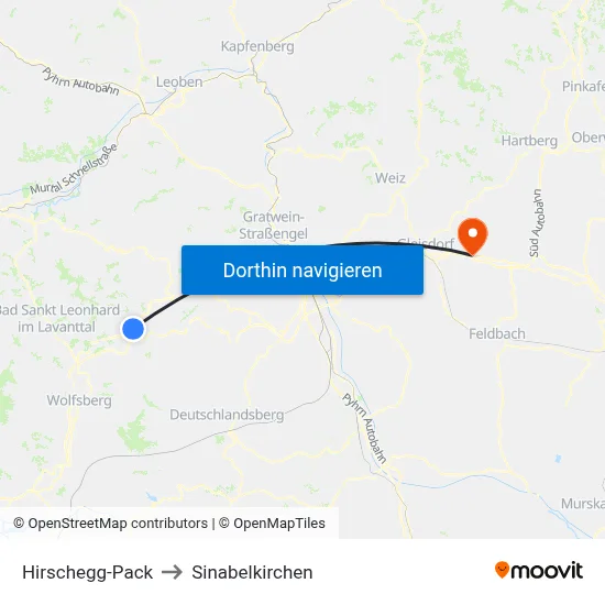 Hirschegg-Pack to Sinabelkirchen map
