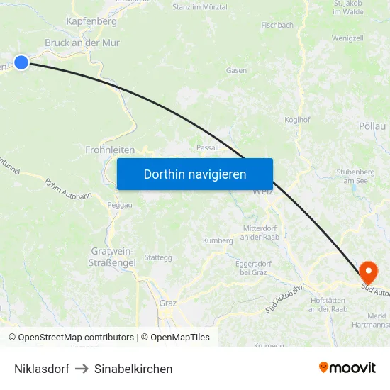 Niklasdorf to Sinabelkirchen map
