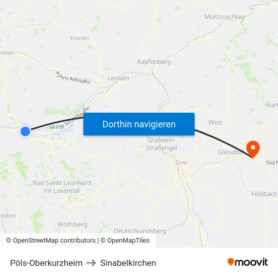 Pöls-Oberkurzheim to Sinabelkirchen map