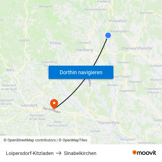 Loipersdorf-Kitzladen to Sinabelkirchen map
