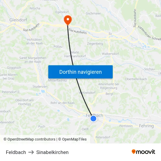 Feldbach to Sinabelkirchen map