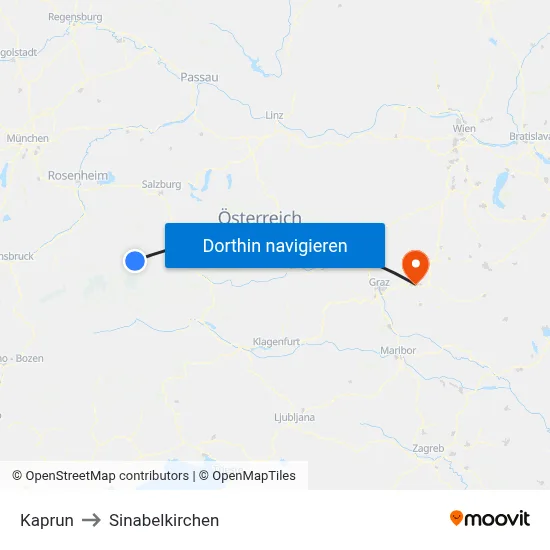 Kaprun to Sinabelkirchen map