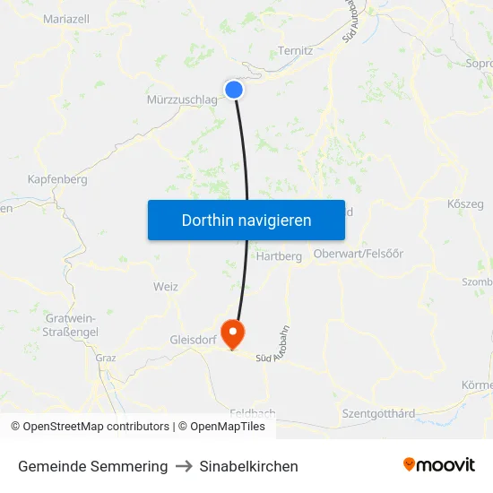 Gemeinde Semmering to Sinabelkirchen map