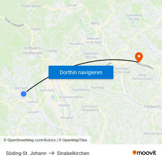 Söding-St. Johann to Sinabelkirchen map