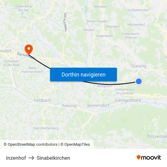 Inzenhof to Sinabelkirchen map