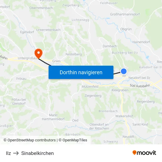 Ilz to Sinabelkirchen map