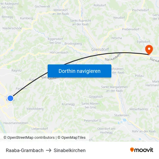 Raaba-Grambach to Sinabelkirchen map
