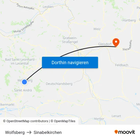 Wolfsberg to Sinabelkirchen map