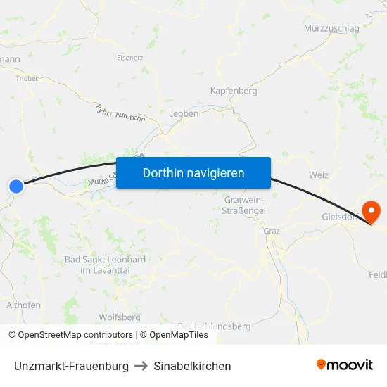 Unzmarkt-Frauenburg to Sinabelkirchen map
